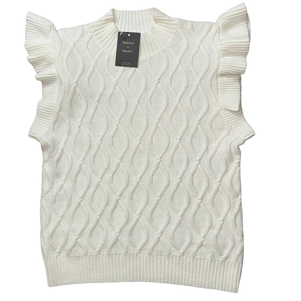 ee:some Womens Cream Cable Knit Ruffle Sleeveless Sweater Vest Wool Blend L NEW